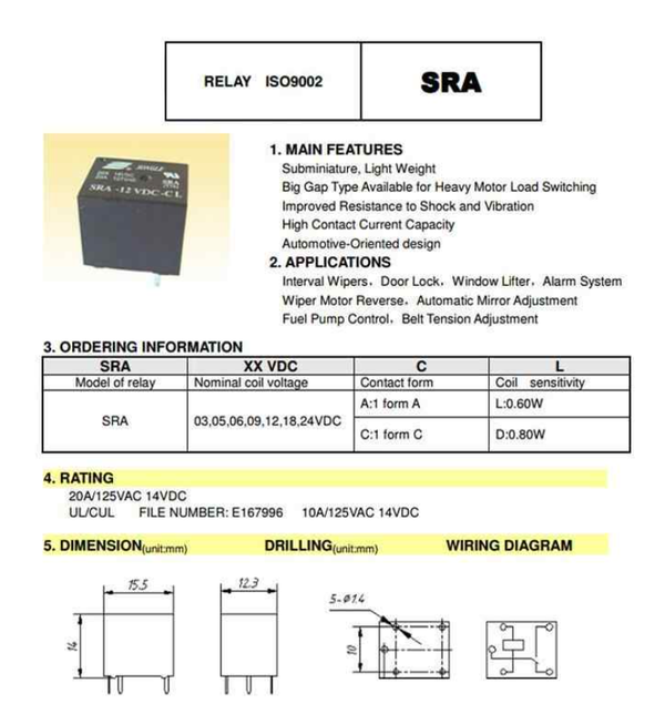 10 X Relay SRA-12VDC-CL 5Pin PCB Typ
